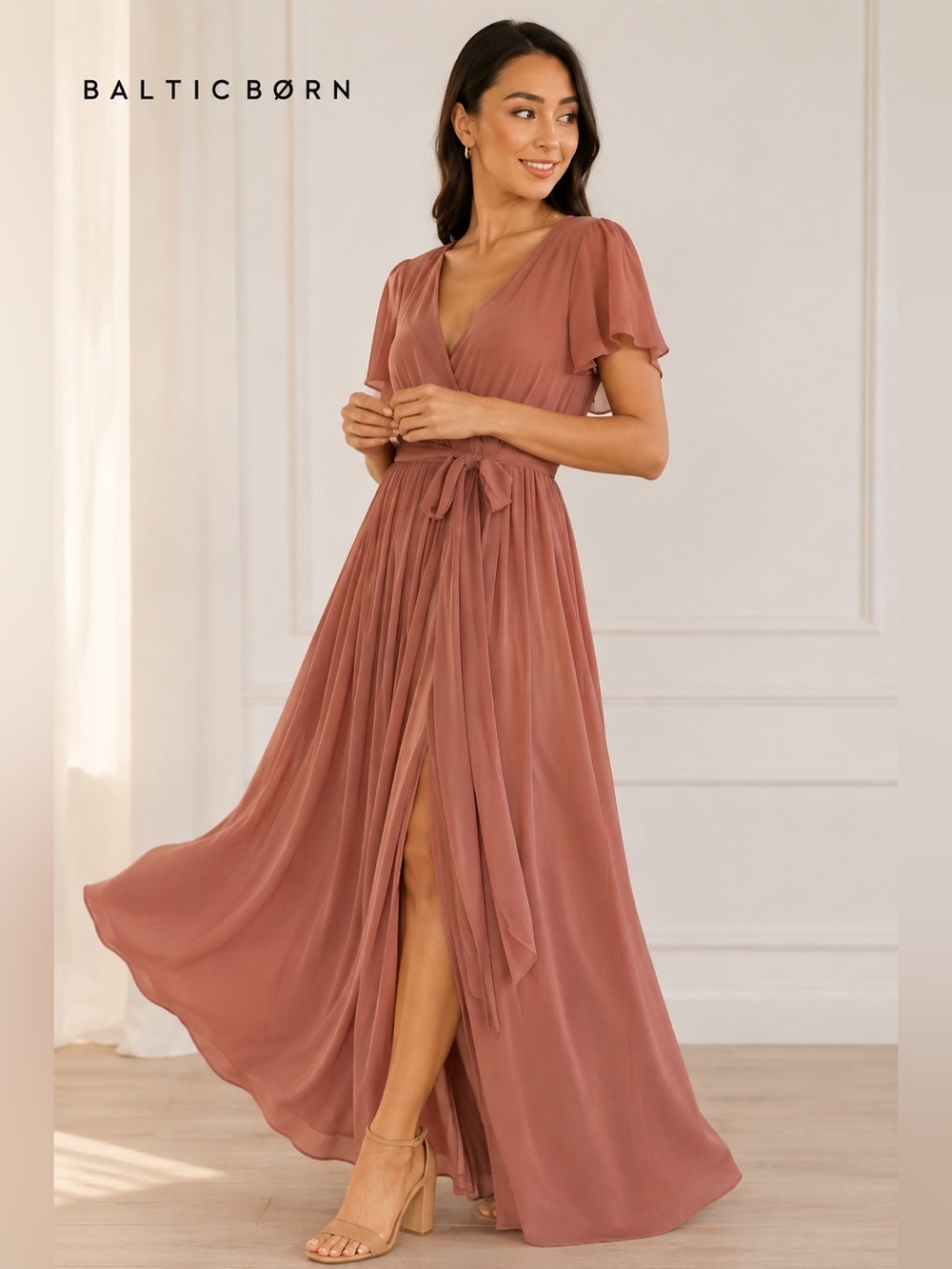 Baltic Born Kristina Maxi Dress Dusty Rose Medium Slit Wedding Faux Wrap Belted
